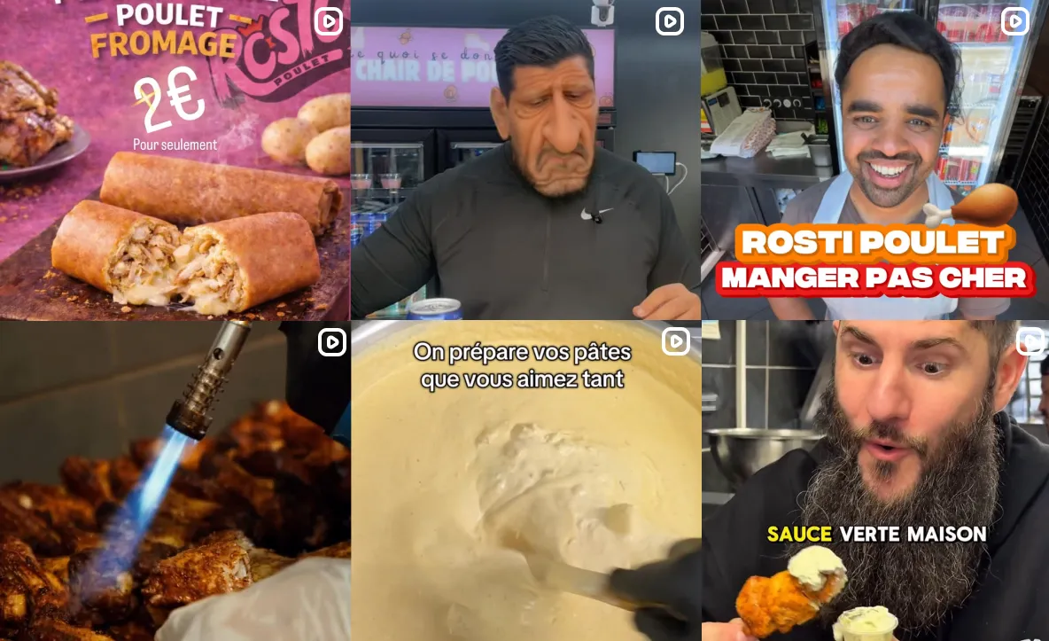 mosaïque Instagram Rosti Poulet avec préparation de poulet rôti, plats et équipe en cuisine