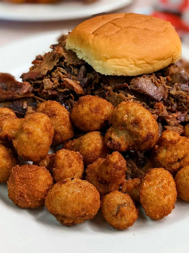 Pulled pork sandwich with fried Mushrooms