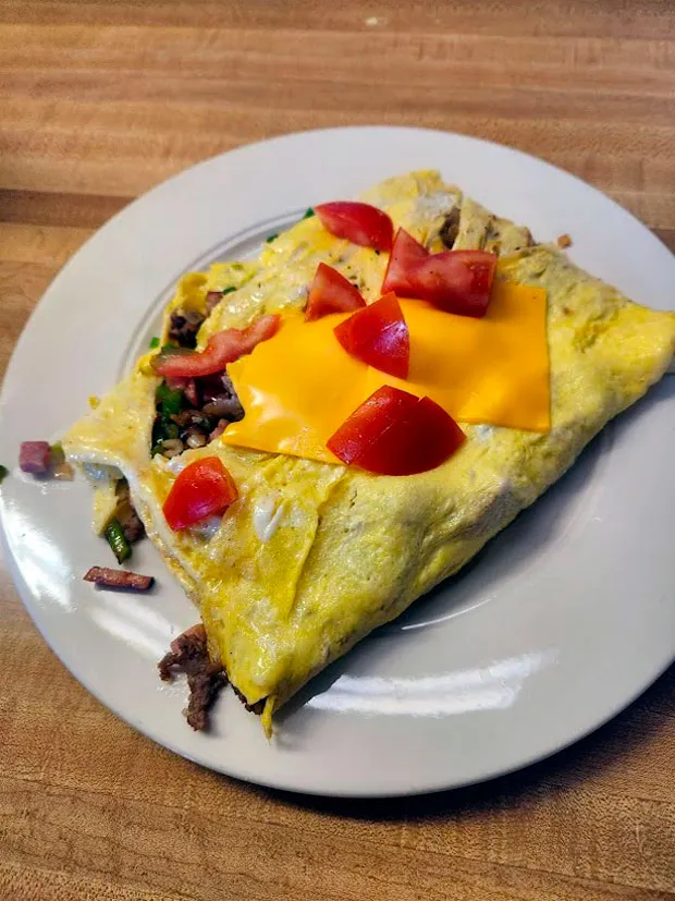 Mushroom omellete with cheese and fresh tomatoes pieces