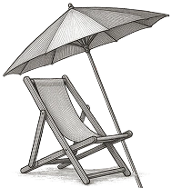 Chaise longue en bois avec un tissu gris clair et un grand parasol assorti.