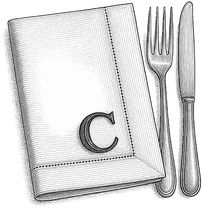 Une serviette pliée avec une lettre C posée à côté d'une fourchette et d'un couteau en argent.