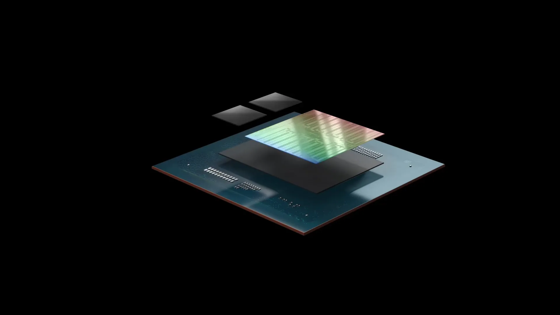 3D rendered image of a Furiosa computer chip with multiple layers separated, showing the circuitry and a holographic-like translucent layer on top.