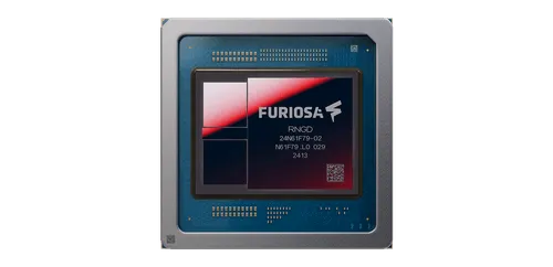 Furiosa RNGD AI accelerator card in red with specifications highlighting TFLOPS, HBM3 memory, SRAM, and memory bandwidth.