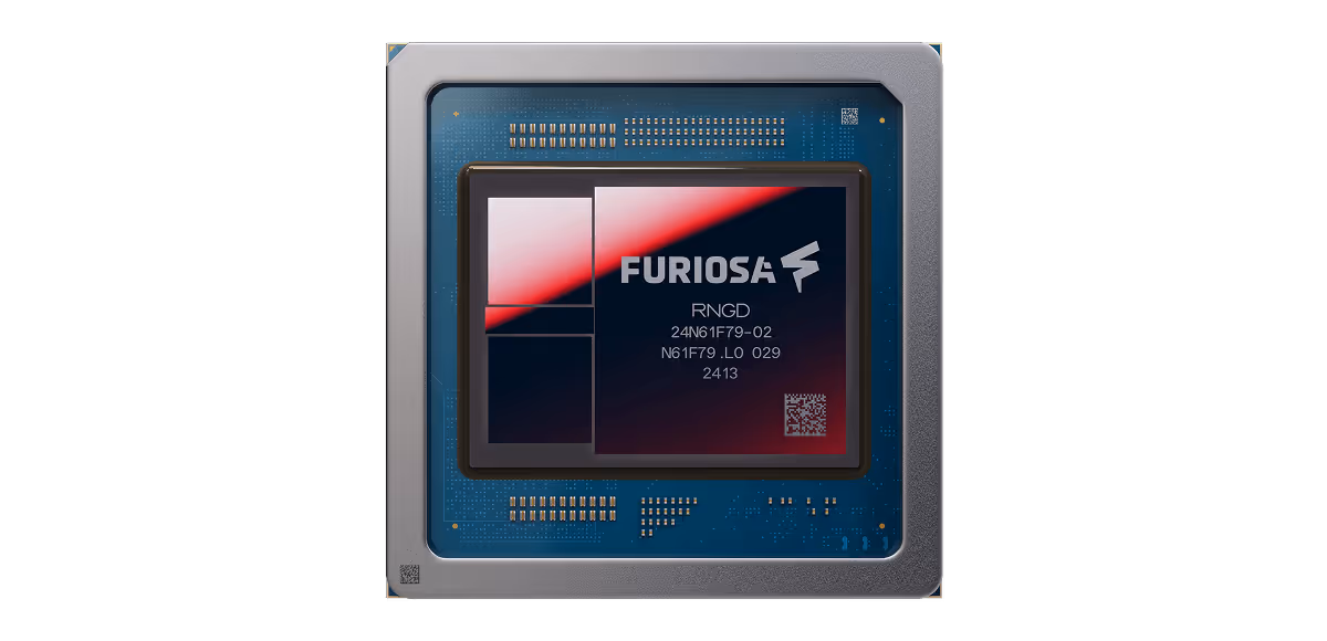 Furiosa RNGD AI accelerator card in red with specifications highlighting TFLOPS, HBM3 memory, SRAM, and memory bandwidth.
