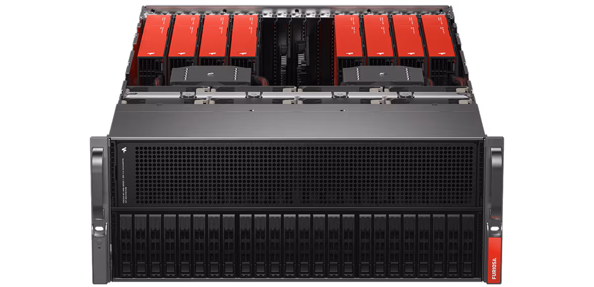 Furiosa NXT RNGD AI server system featuring multiple red accelerator modules installed in a high-performance rack chassis.