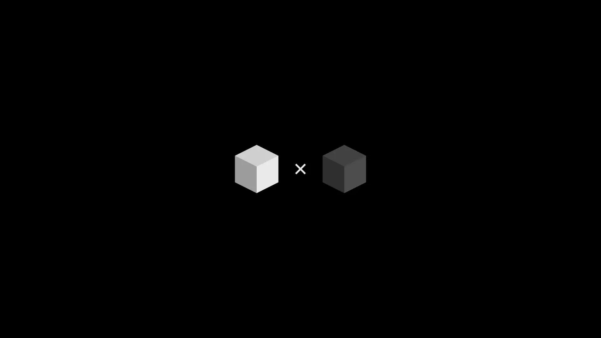 Two 3D cubes, one light and one dark, separated by a multiplication sign on a black background.