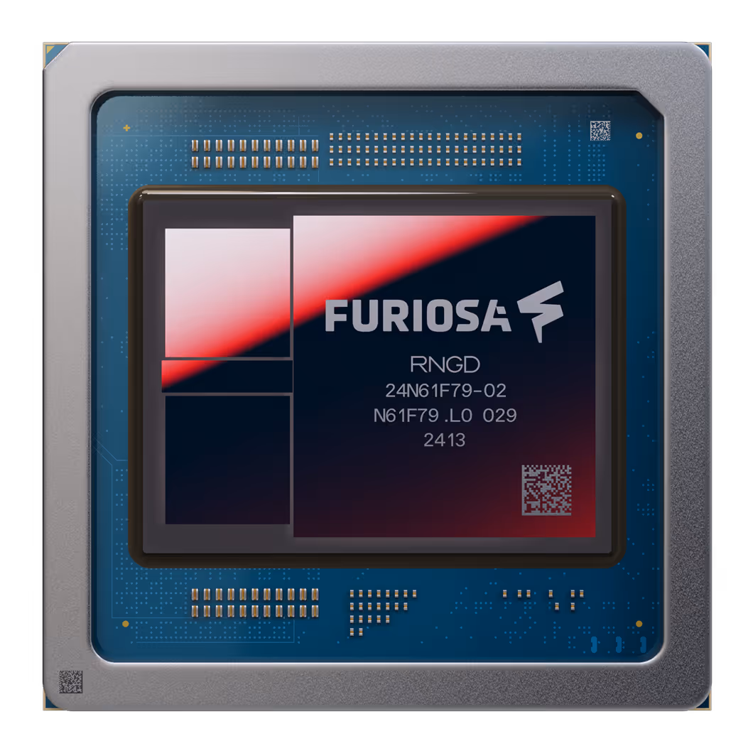 Furiosa RNGD AI accelerator card in red with specifications highlighting TFLOPS, HBM3 memory, SRAM, and memory bandwidth.
