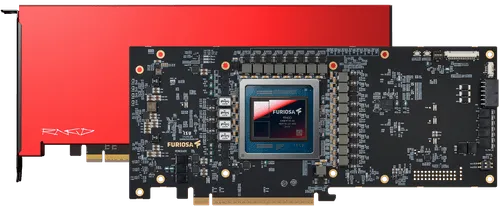 Composite product image showcasing Furiosa RNGD AI accelerator hardware. The image features the external accelerator card with a red thermal enclosure alongside the exposed internal PCB, revealing the RNGD processor, power delivery components, memory interfaces, and board-level architecture. The side-by-side presentation highlights both the industrial design and engineering implementation of the high-performance AI accelerator.