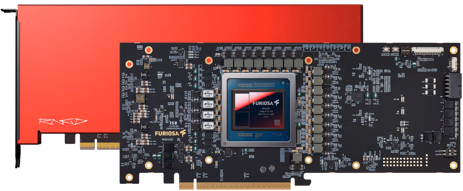 Composite product image showcasing Furiosa RNGD AI accelerator hardware. The image features the external accelerator card with a red thermal enclosure alongside the exposed internal PCB, revealing the RNGD processor, power delivery components, memory interfaces, and board-level architecture. The side-by-side presentation highlights both the industrial design and engineering implementation of the high-performance AI accelerator.