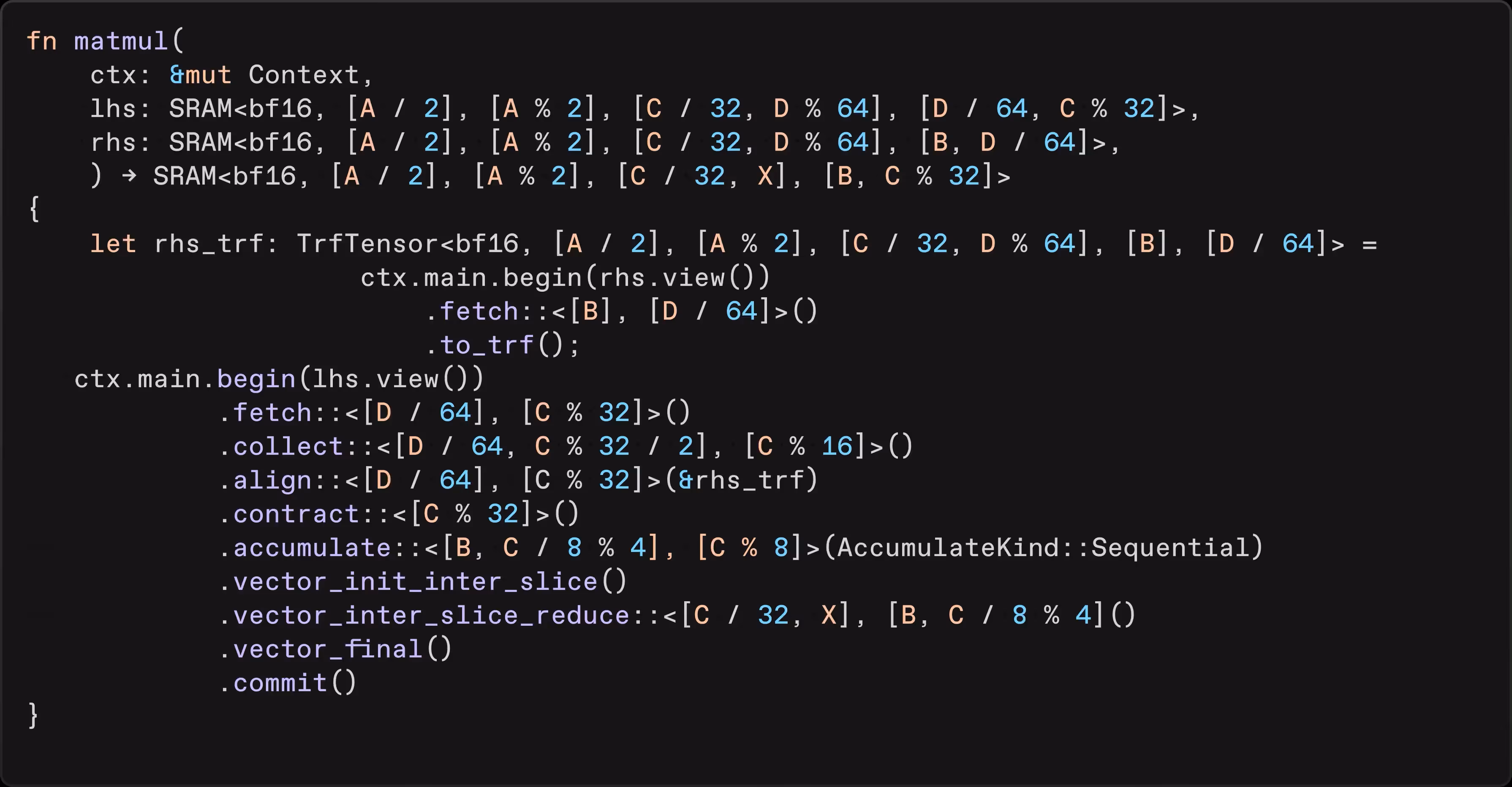 Screenshot of FuriosaAI Tensor Contraction Language (TCL) code defining a matrix multiplication operation. The code demonstrates hardware-aware tensor mapping, memory allocation, data fetching, contraction operations, accumulation, reduction, and execution scheduling for optimized AI inference workloads.