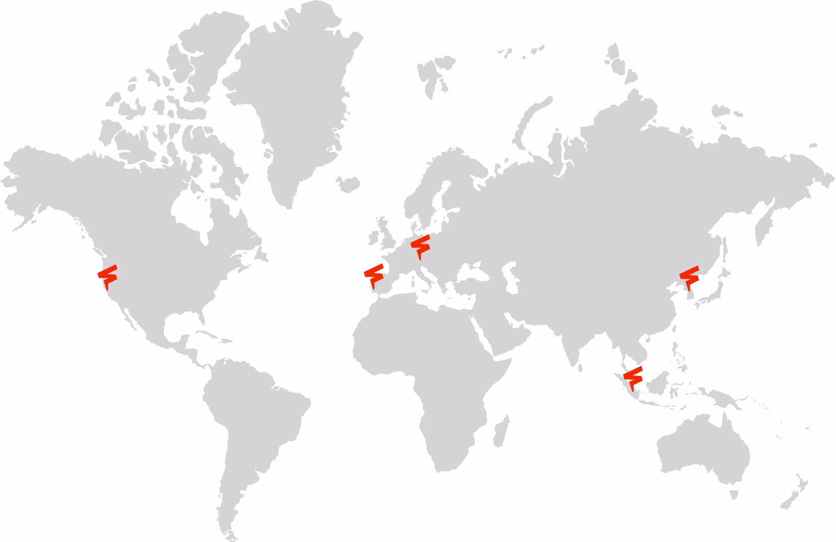 World map in gray with five red location markers in North America, Europe, and Asia.