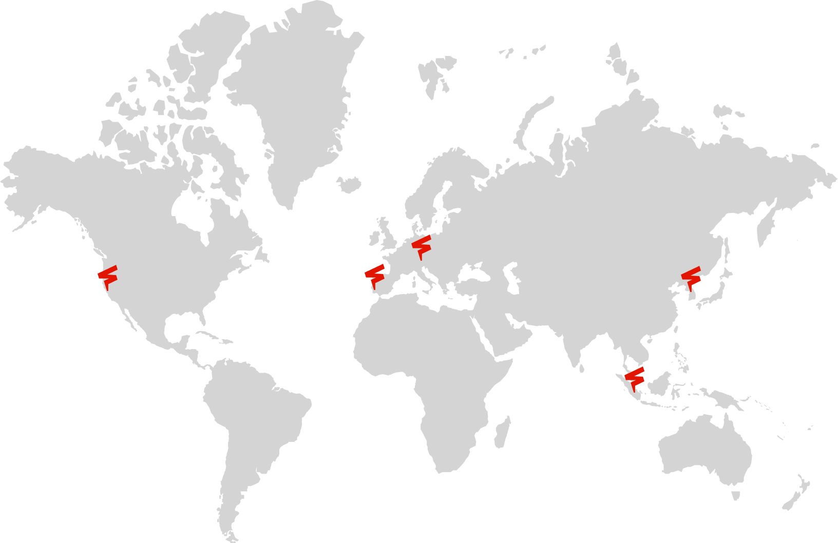 World map in gray with five red location markers in North America, Europe, and Asia.