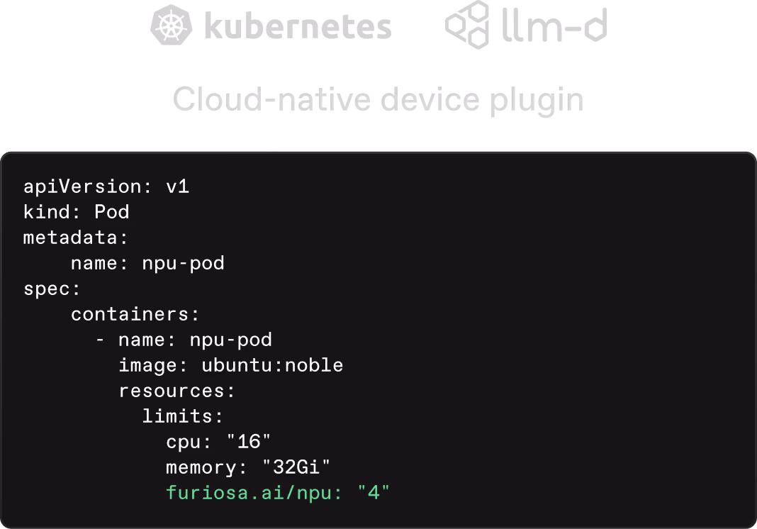 Kubernetes and llm-d logos above 'Cloud-native device plugin' text and YAML pod configuration snippet.