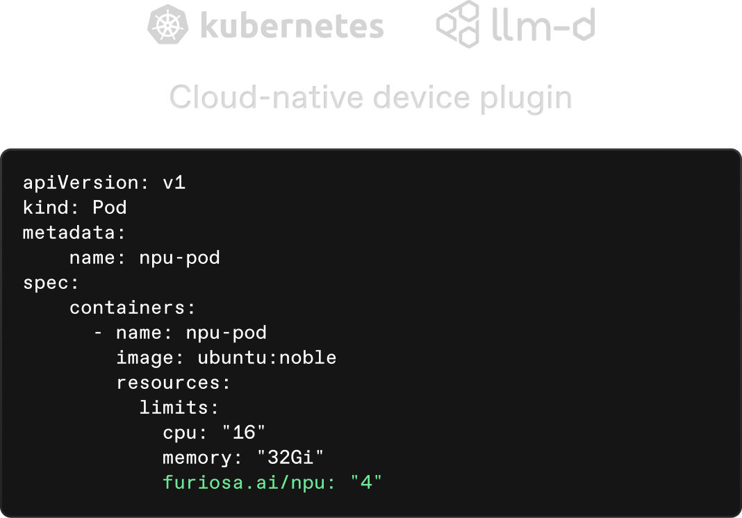 Kubernetes and llm-d logos above 'Cloud-native device plugin' text and YAML pod configuration snippet.