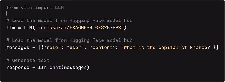 Python code snippet loading a Hugging Face LLM model and sending a chat message asking France's capital.