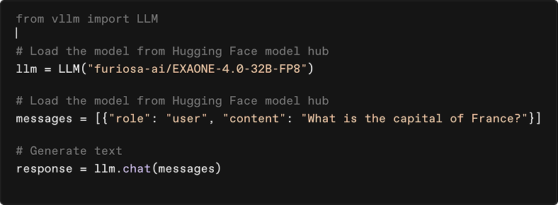 Python code snippet loading a Hugging Face LLM model and sending a chat message asking France's capital.