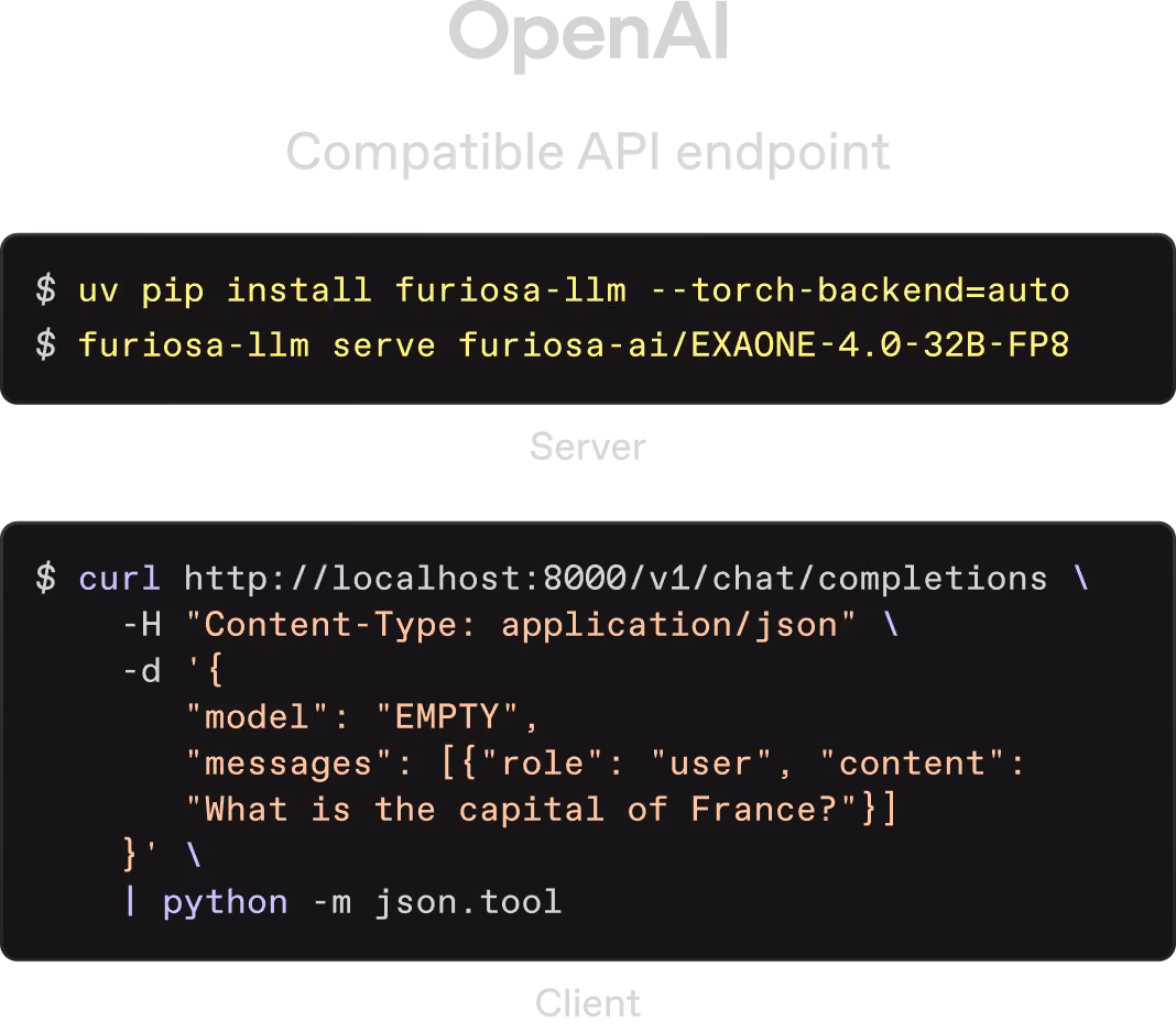 OpenAI compatible API endpoint showing install and serve commands plus example API request with curl.