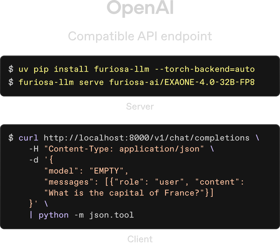 OpenAI compatible API endpoint showing install and serve commands plus example API request with curl.