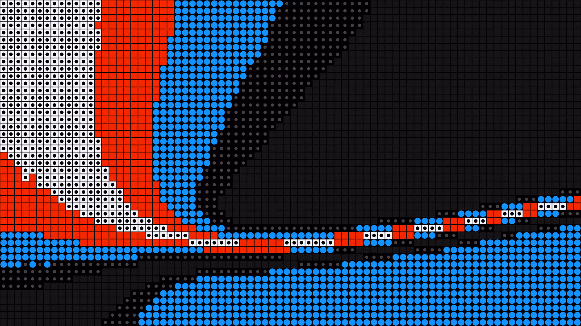 Abstract digital art of colored dots and squares in red, blue, white, and black forming curved shapes.