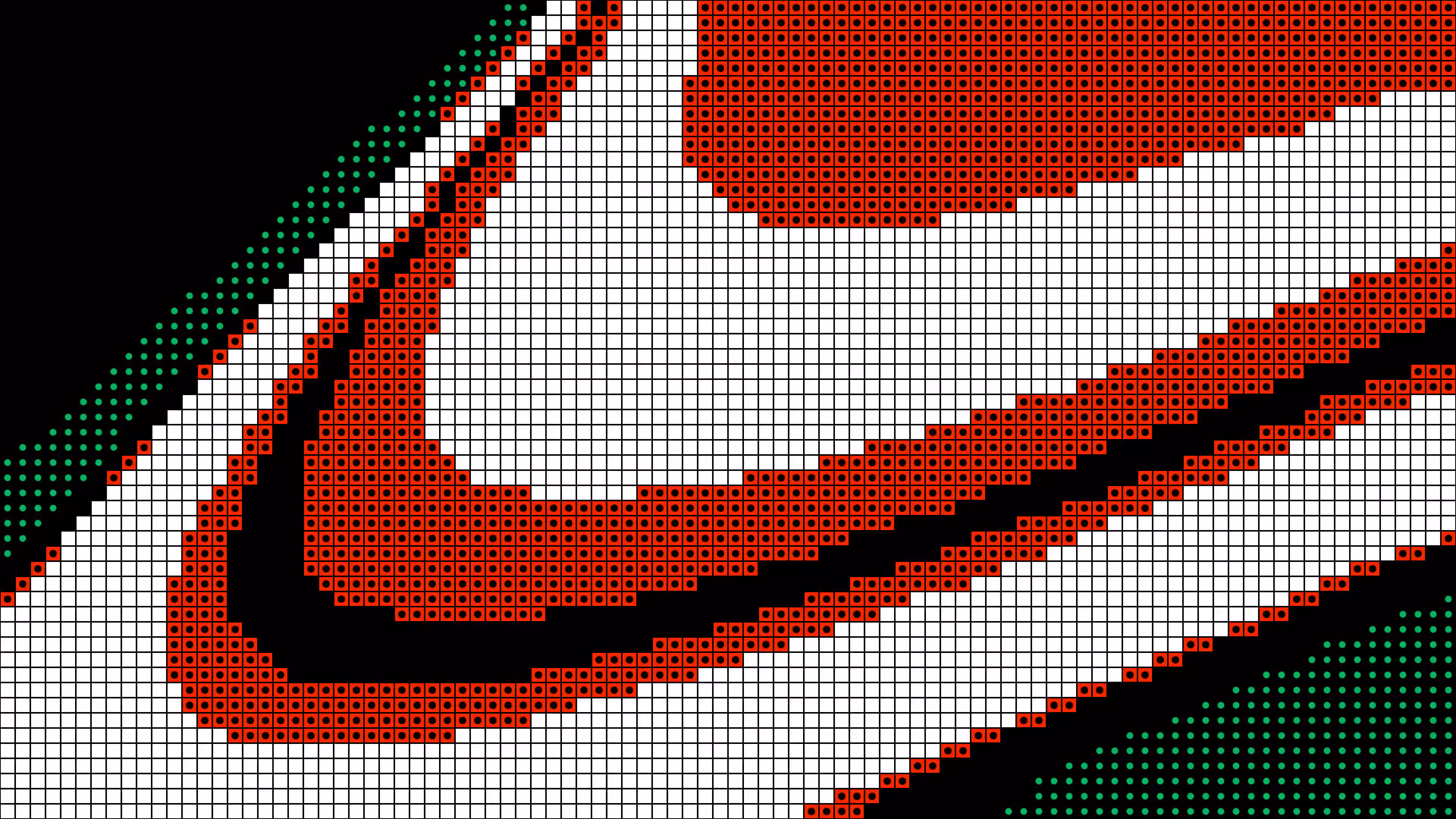 Pixelated close-up of a red, white, black, and green Nike swoosh logo pattern.