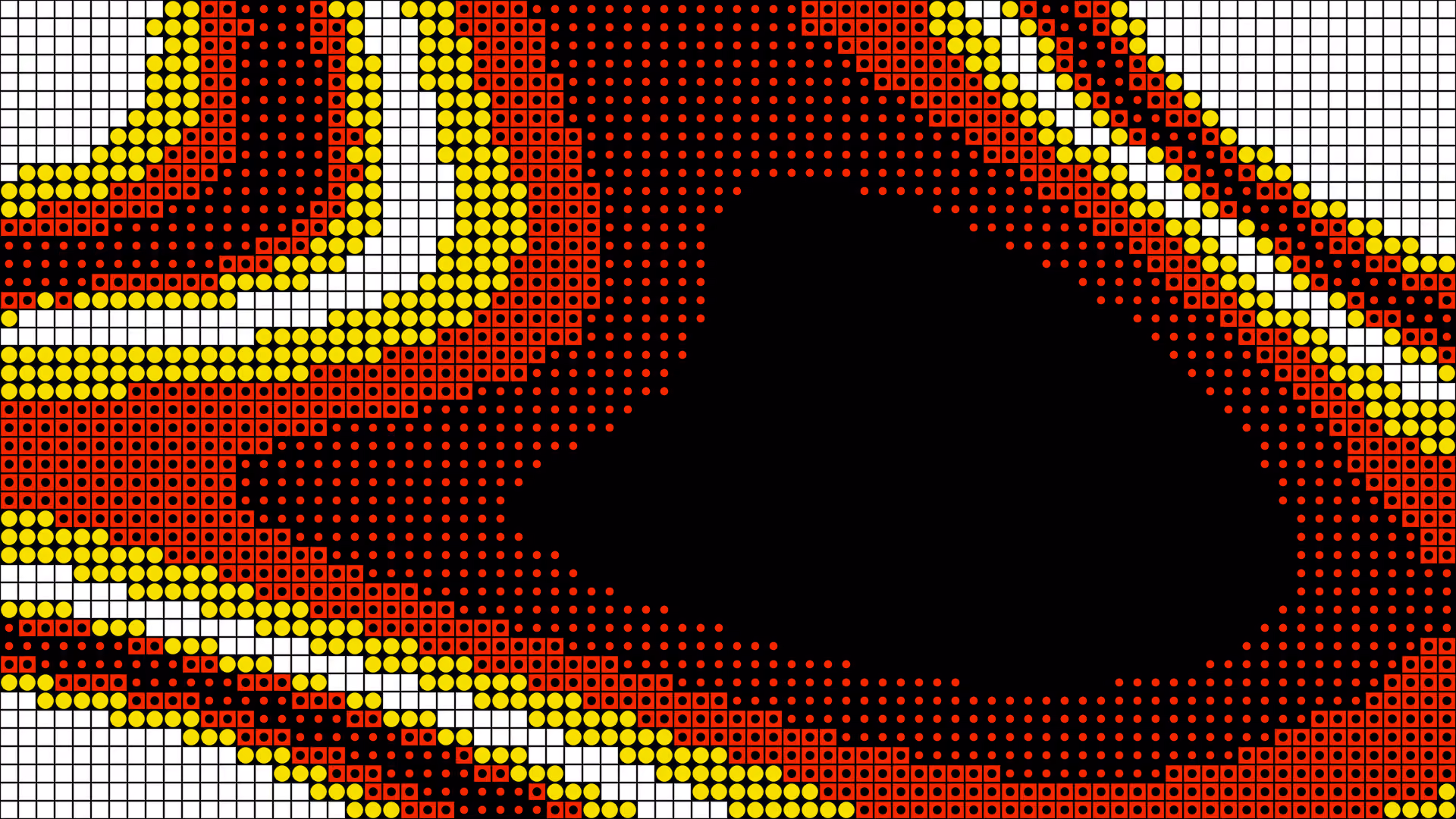 Grid pattern with red, yellow, white dots and squares surrounding a large black irregular shape center-right.
