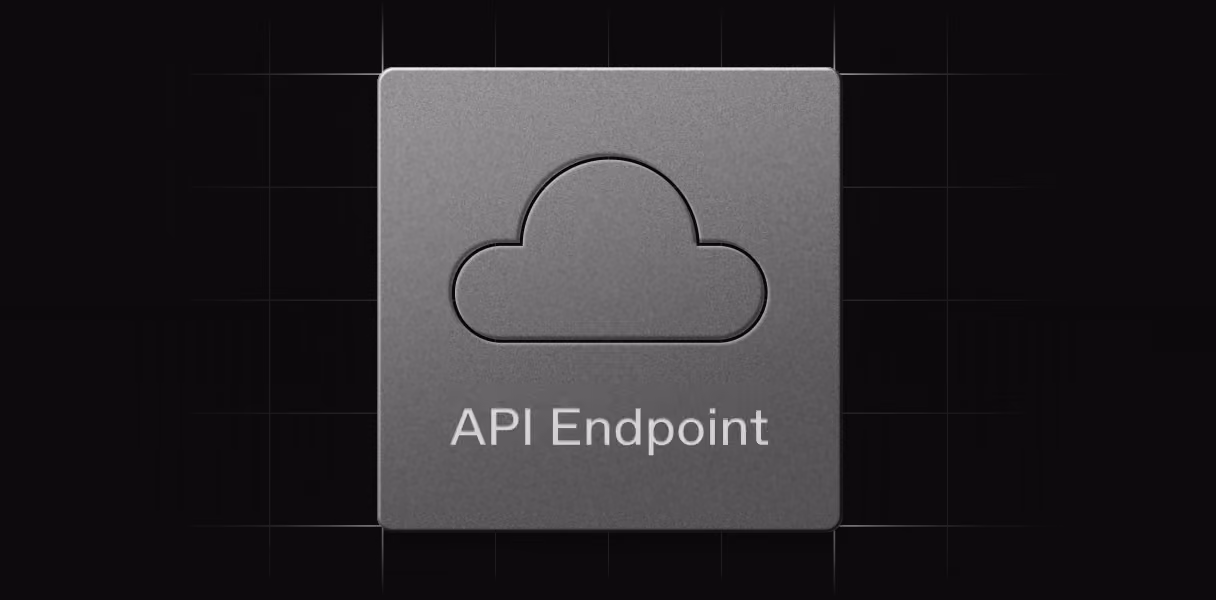 Gray square block with a cloud icon embossed above the text 'API Endpoint' on a black grid background.