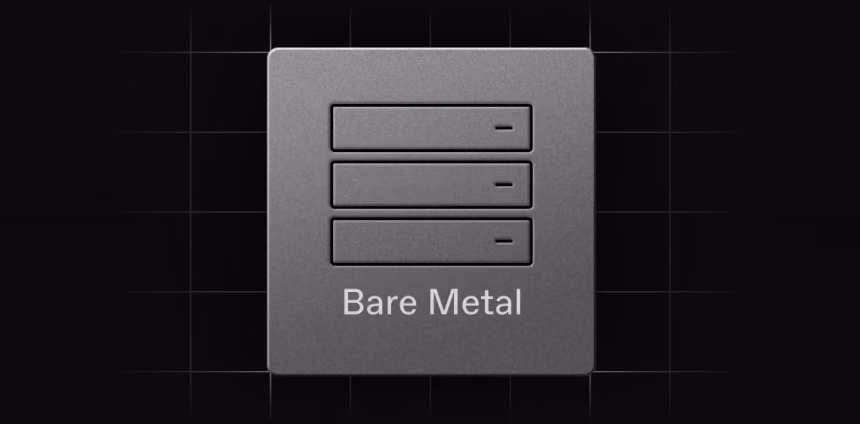 Gray square icon with three horizontal server-like bars and the text 'Bare Metal' underneath on a black background with a subtle grid pattern.