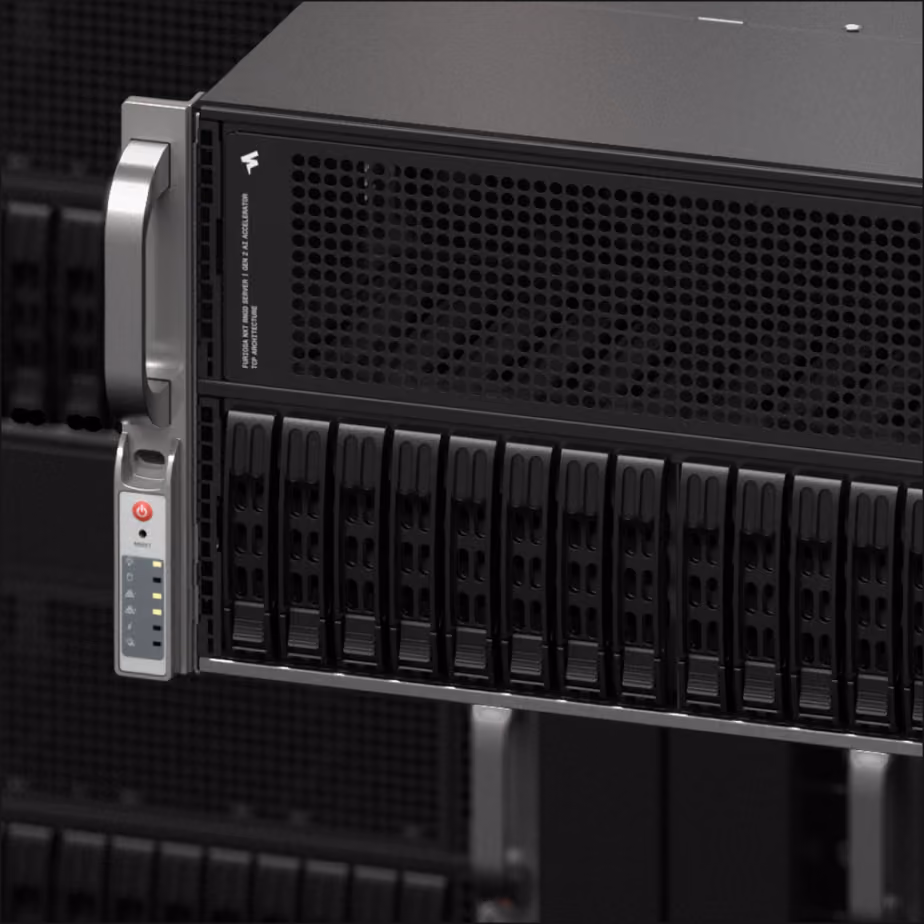Close-up of a Furiosa AI acceleration server with multiple drive bays, status LEDs, and a power/reset button on the left handle.