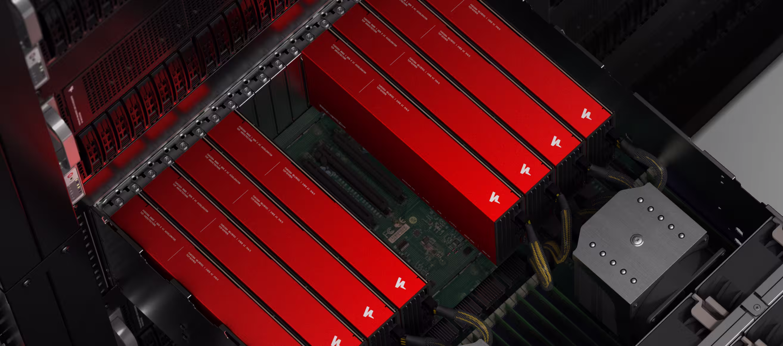Close-up view inside a computer case showing eight red storage drives installed in two rows on a motherboard.
