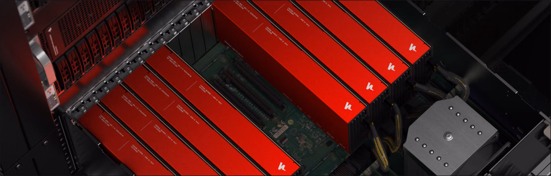 Close-up view inside a computer case showing eight red storage drives installed in two rows on a motherboard.