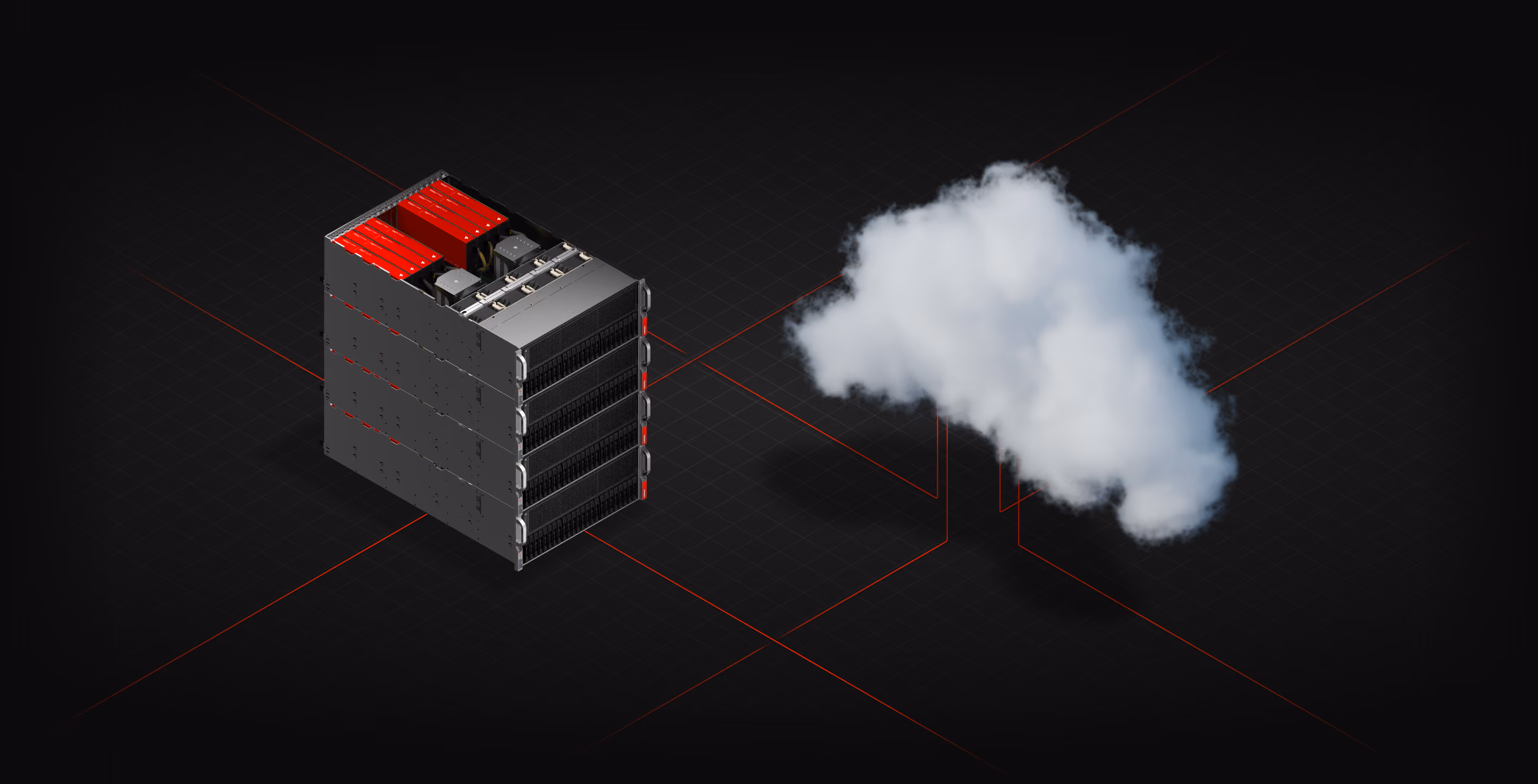 3D illustration of a black and red server rack next to a digital cloud icon on a dark background with faint red grid lines.