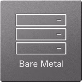 Gray square icon featuring three horizontal server racks stacked vertically with small horizontal lines on the right side of each rack, labeled Bare Metal below.