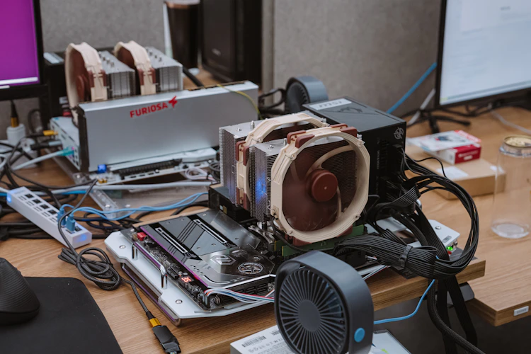 Open test bench setup with a Furiosa AI accelerator card connected to a development system, featuring large air coolers, exposed motherboard, power supplies, and cables during hardware bring-up and testing.
