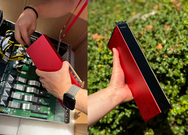 Hands installing a red Furiosa RNGD accelerator card into a server chassis, alongside a close-up of the same red-and-black RNGD card held outdoors against green foliage.