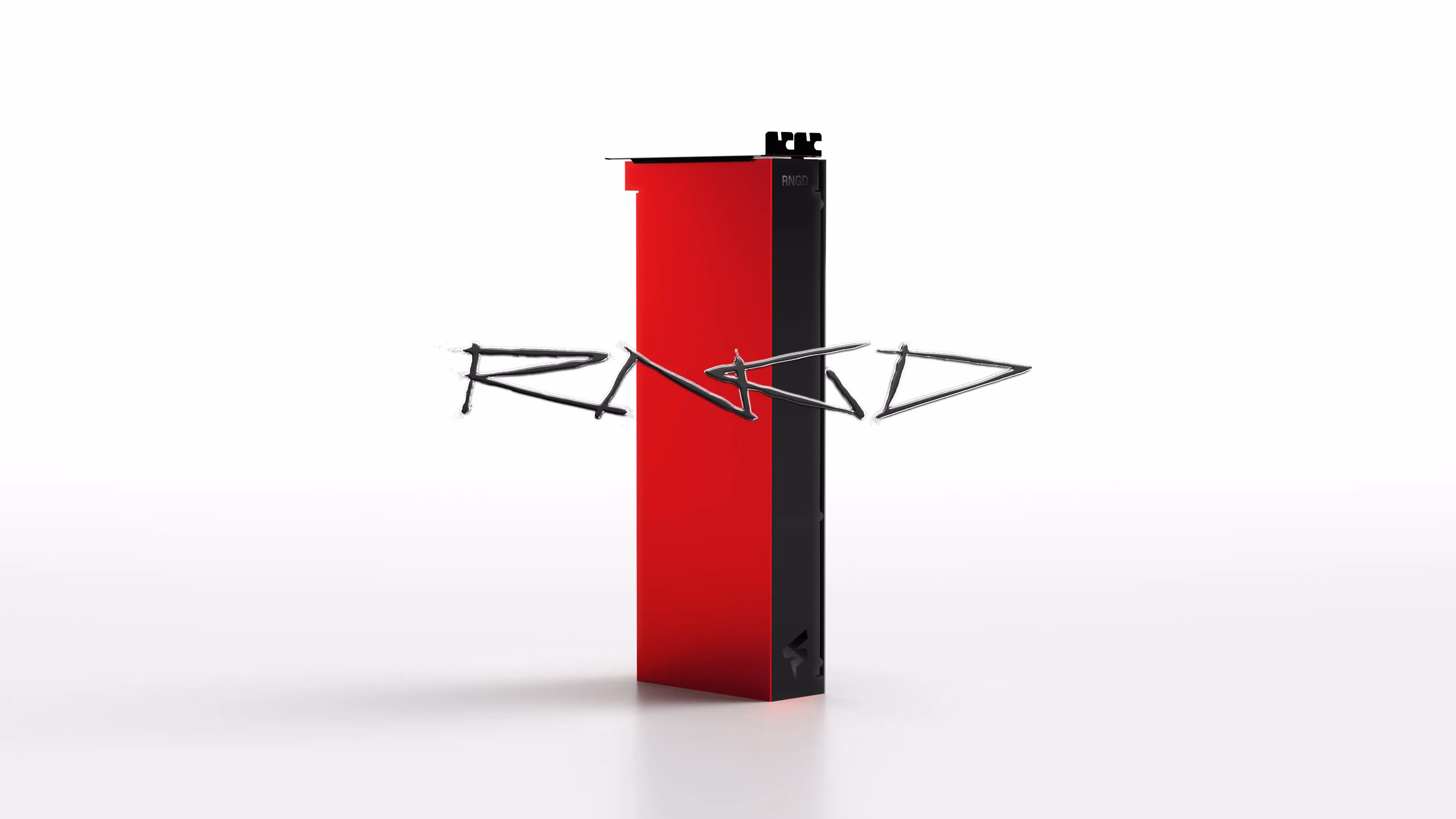 Side profile of the Furiosa RNGD accelerator card with a red-and-black casing, shown upright against a white background with stylized “RNGD” lettering overlaid.