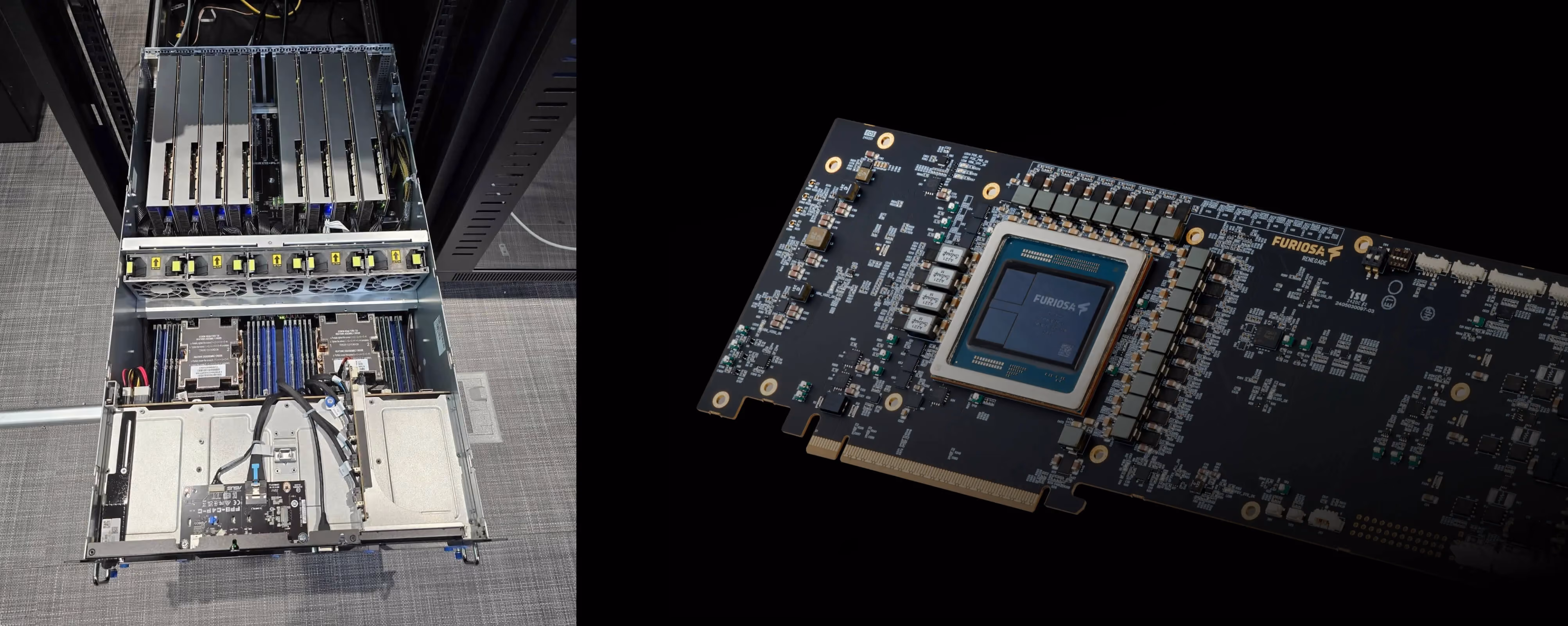 Side-by-side view of a rack-mounted server populated with multiple Furiosa AI accelerator cards alongside a close-up of a single Furiosa accelerator card, highlighting the data center deployment and the detailed hardware design of the processor board.