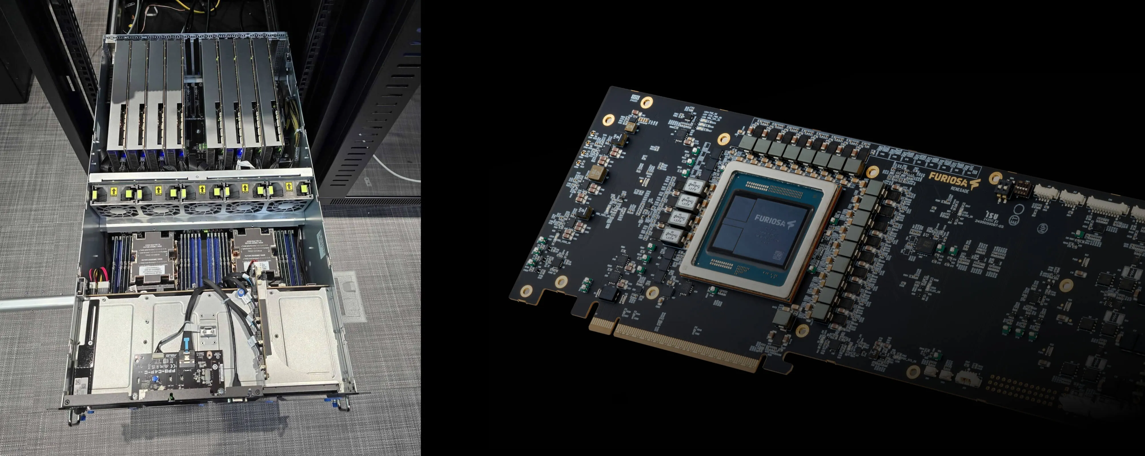 Side-by-side view of a rack-mounted server populated with multiple Furiosa AI accelerator cards alongside a close-up of a single Furiosa accelerator card, highlighting the data center deployment and the detailed hardware design of the processor board.