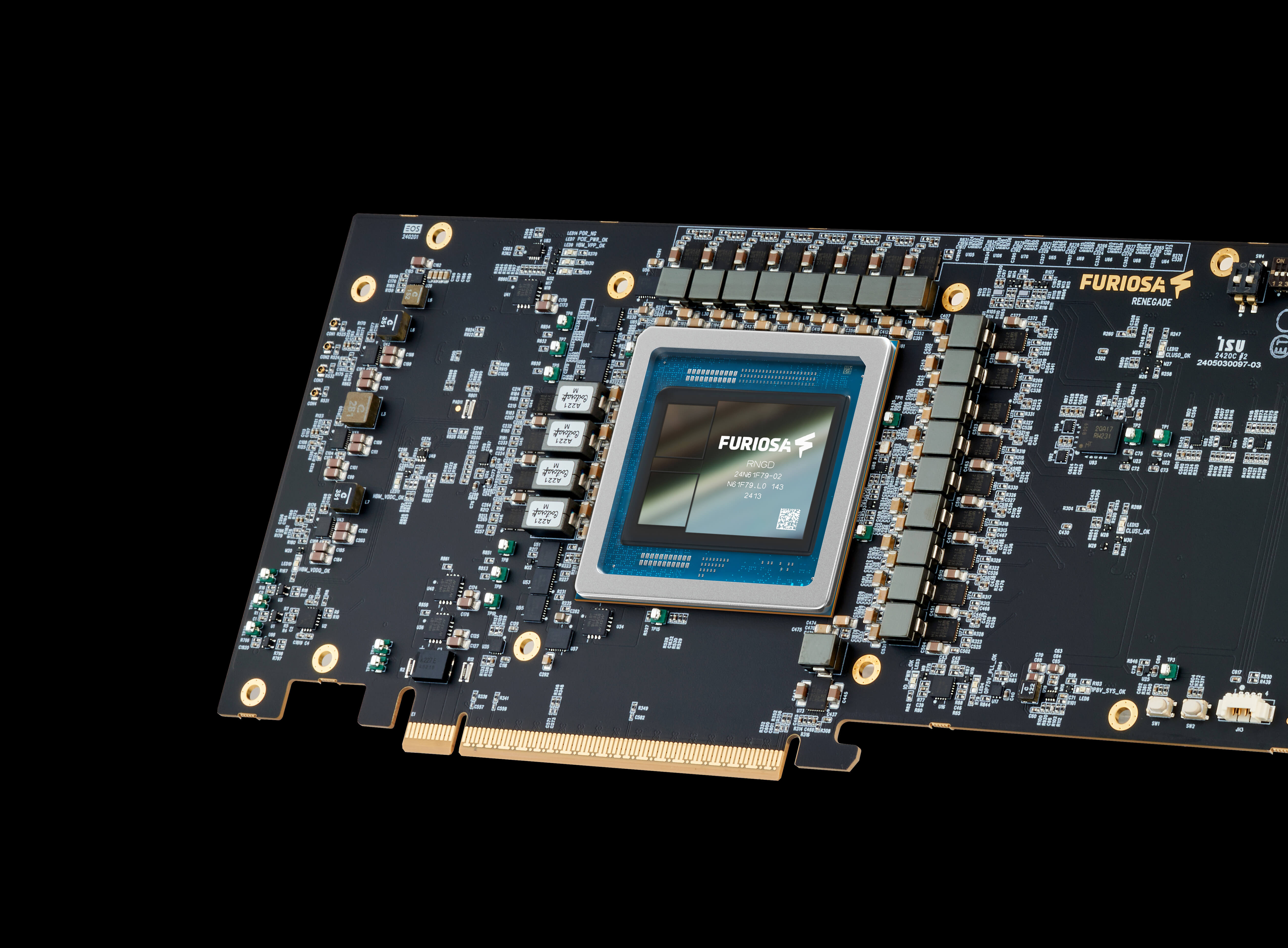 Angled close-up of a Furiosa AI accelerator card showing the central RNGD processor chip, surrounding power components, and PCIe connector against a black background.