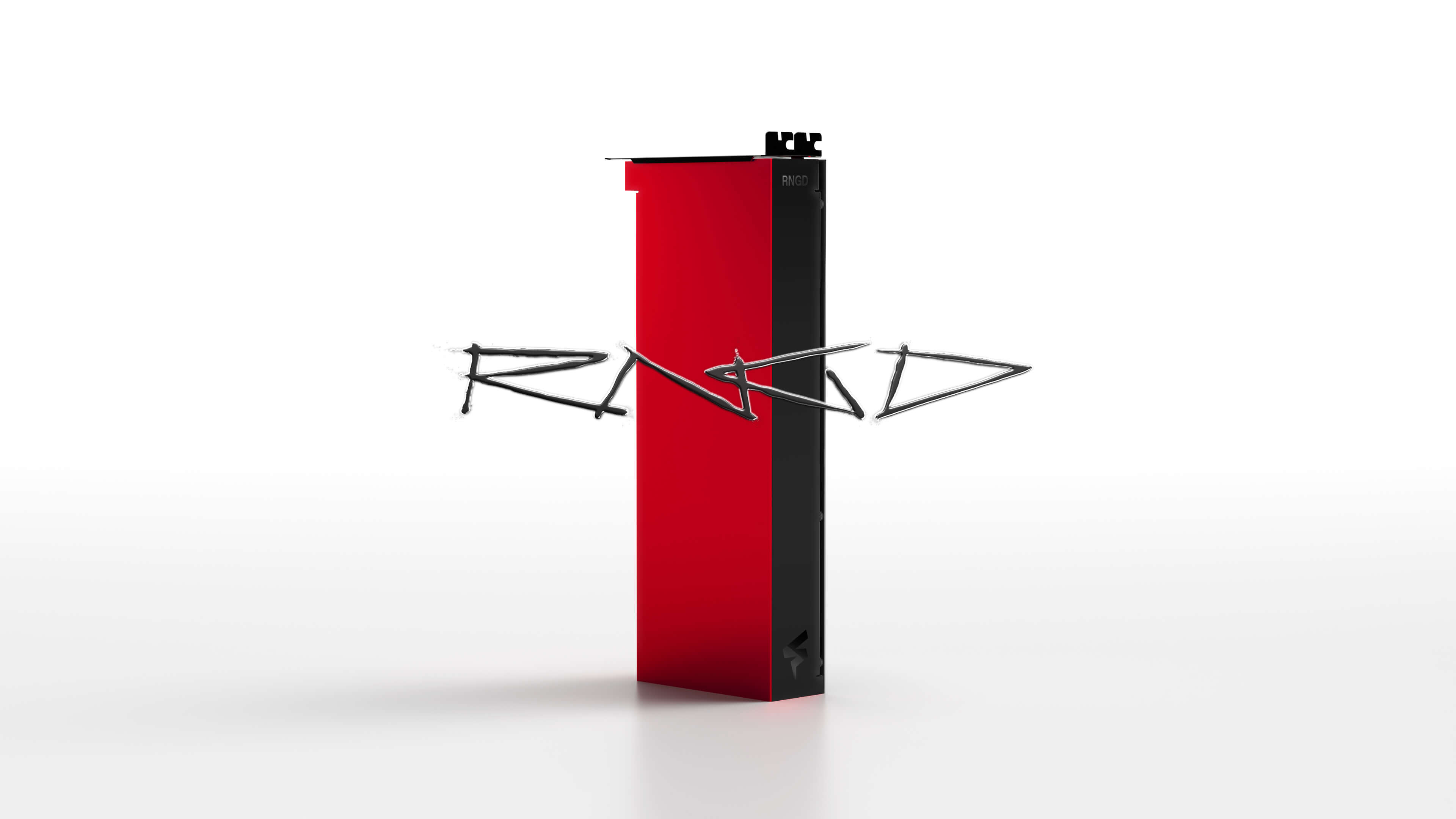 Side profile of the Furiosa RNGD AI accelerator card with a red and black chassis, displayed against a white background with the stylized “RNGD” wordmark overlaid in front.