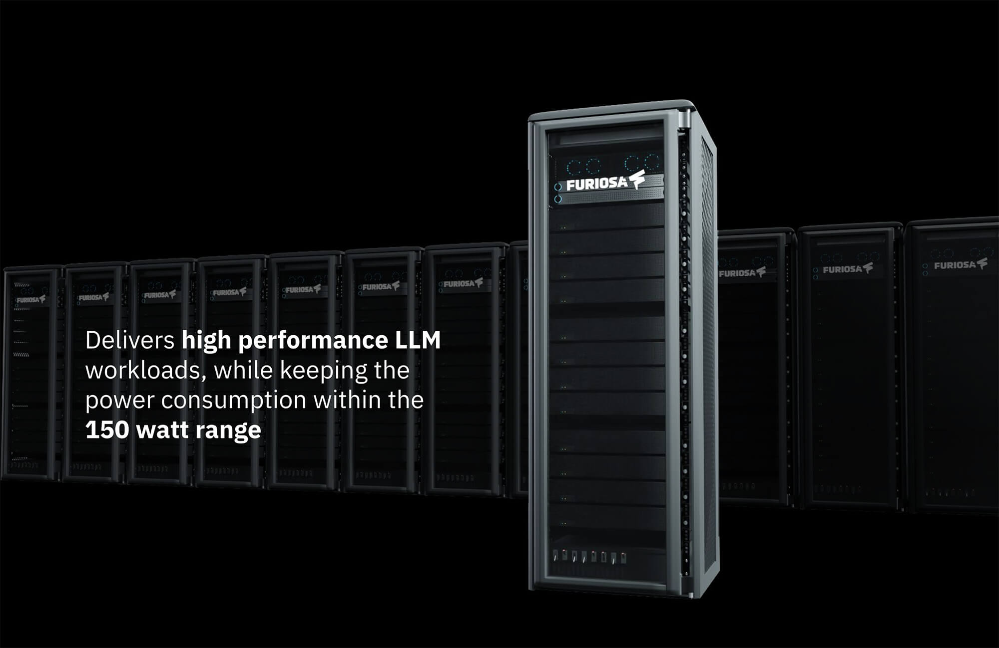 A Furiosa-branded server rack displayed against a black background, highlighting support for high-performance large language model workloads while maintaining power consumption within the 150-watt range.