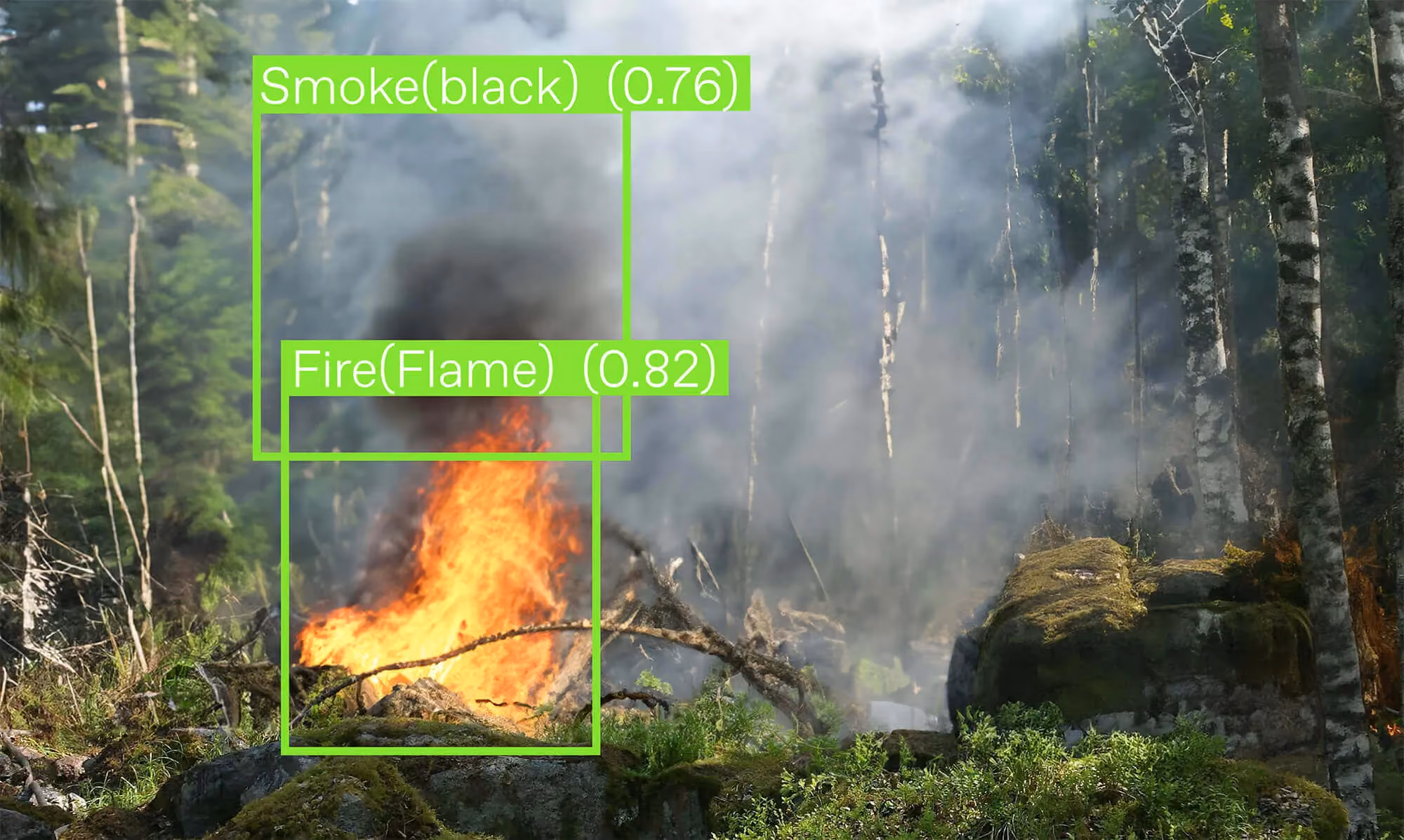 Forest fire scene with visible flames and thick smoke rising among trees, overlaid with green bounding boxes labeling detected fire and smoke as part of a computer vision or AI object detection demonstration.