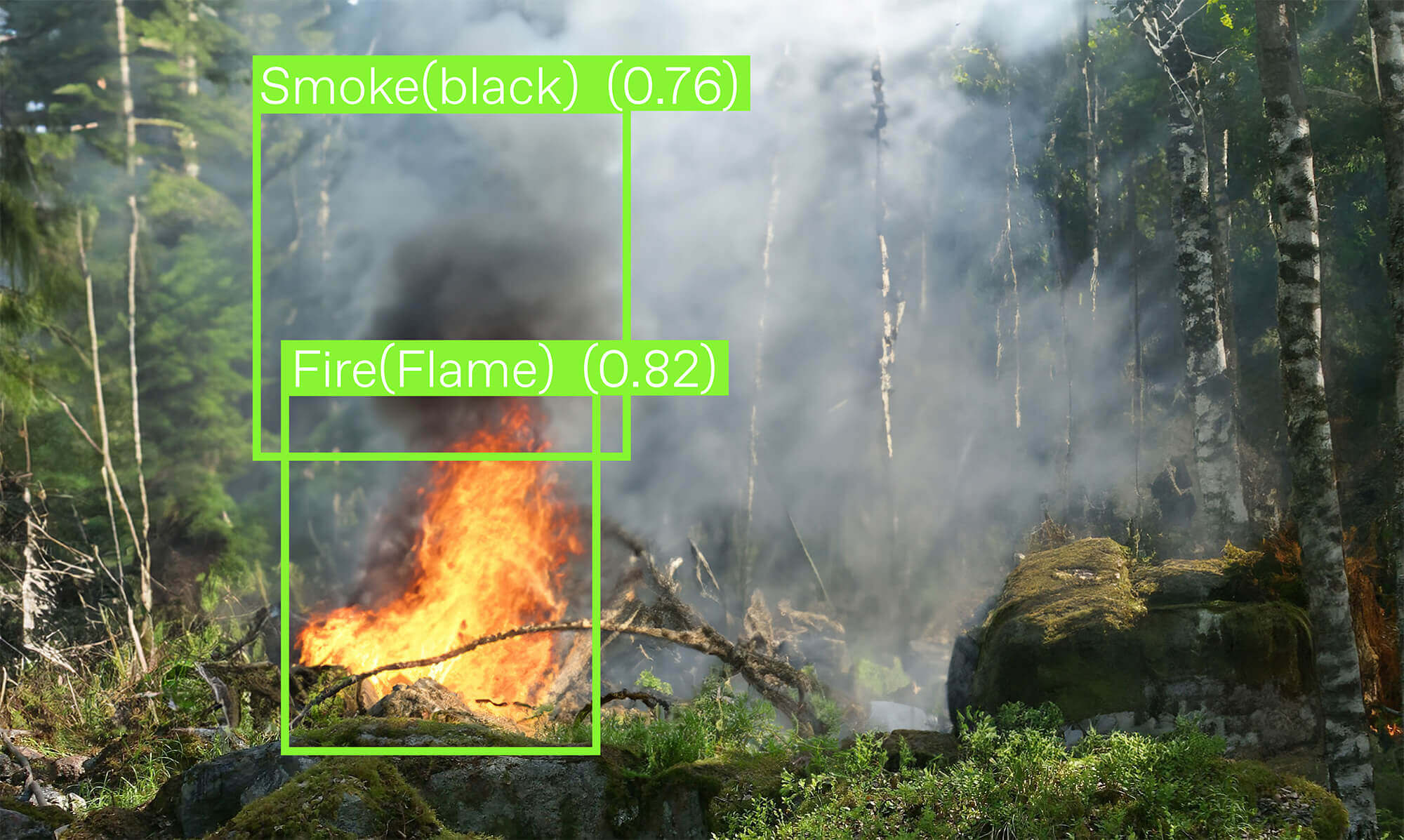 Forest fire scene with visible flames and thick smoke rising among trees, overlaid with green bounding boxes labeling detected fire and smoke as part of a computer vision or AI object detection demonstration.
