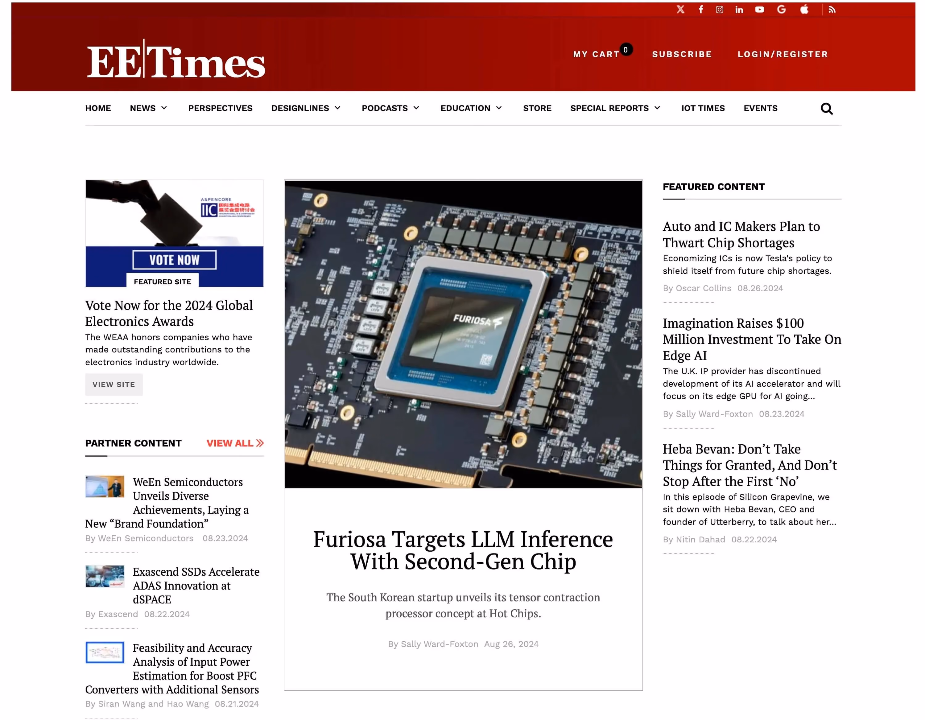 EE Times homepage featuring a lead article titled “Furiosa Targets LLM Inference With Second-Gen Chip,” with a large image of a Furiosa AI accelerator chip on a circuit board, alongside navigation menus, featured content, and related electronics industry headlines.