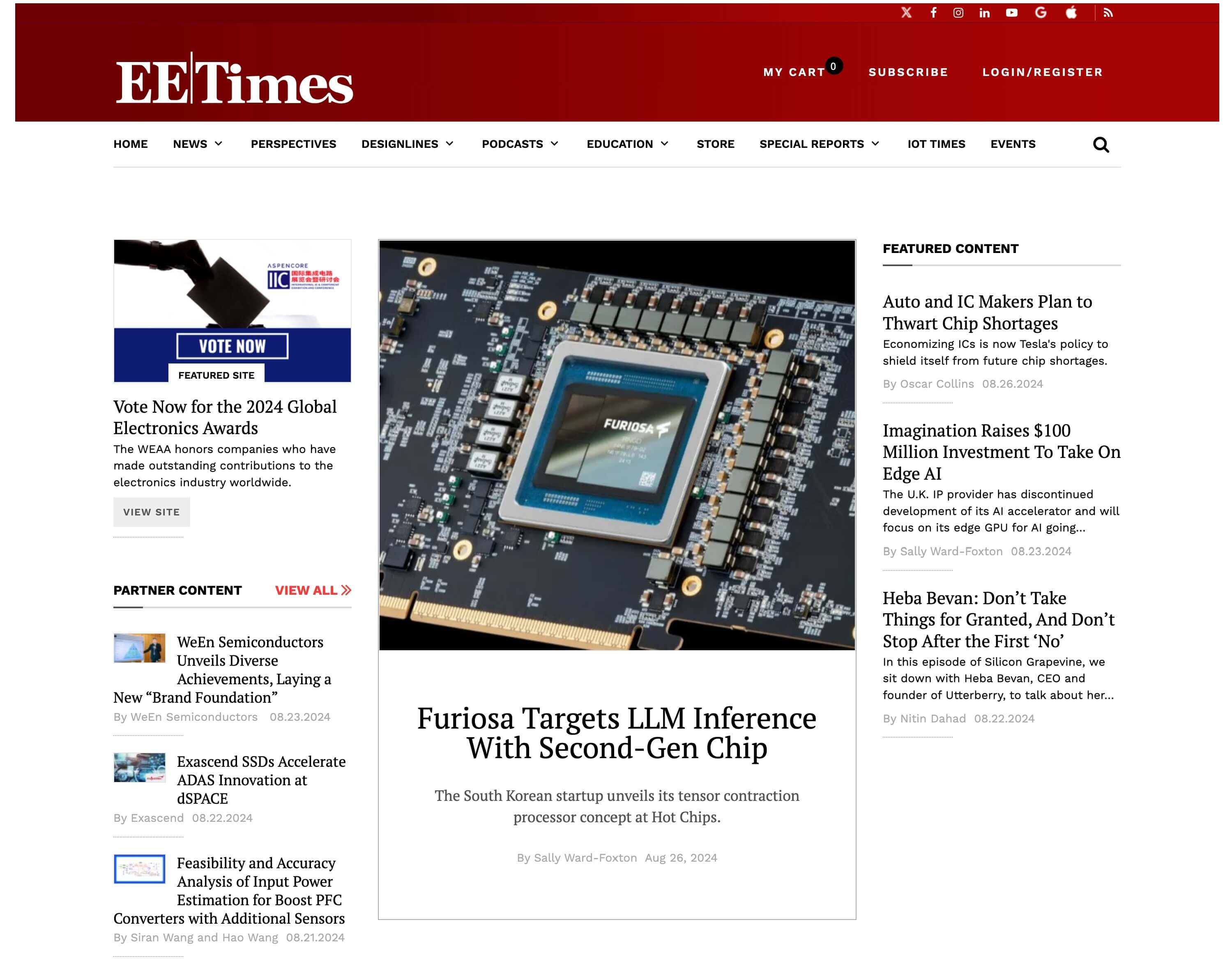 EE Times homepage featuring a lead article titled “Furiosa Targets LLM Inference With Second-Gen Chip,” with a large image of a Furiosa AI accelerator chip on a circuit board, alongside navigation menus, featured content, and related electronics industry headlines.