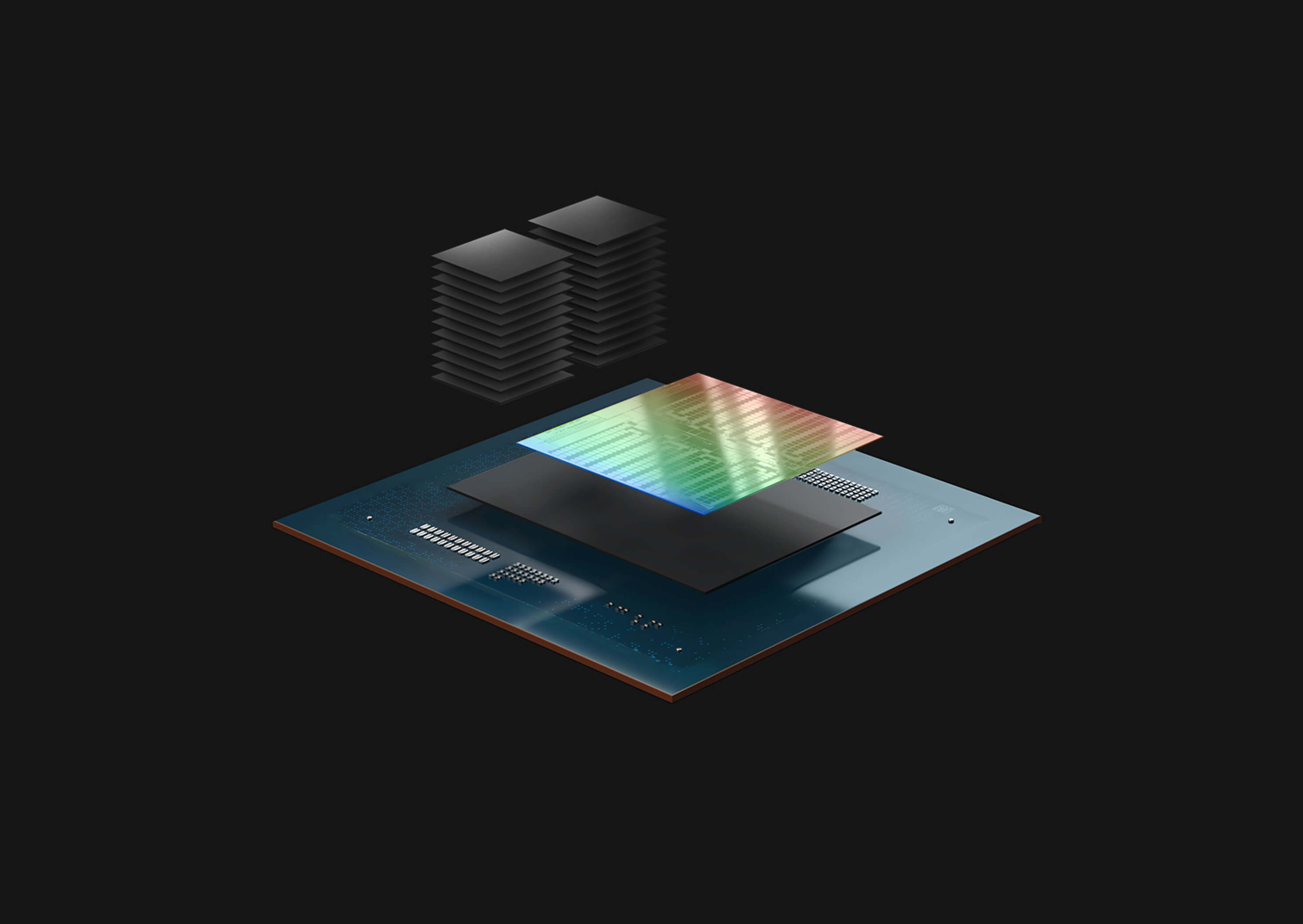 3D illustration of a layered AI chip architecture, showing stacked processing layers above a central compute die on a circuit board, representing advanced neural processing and data flow.