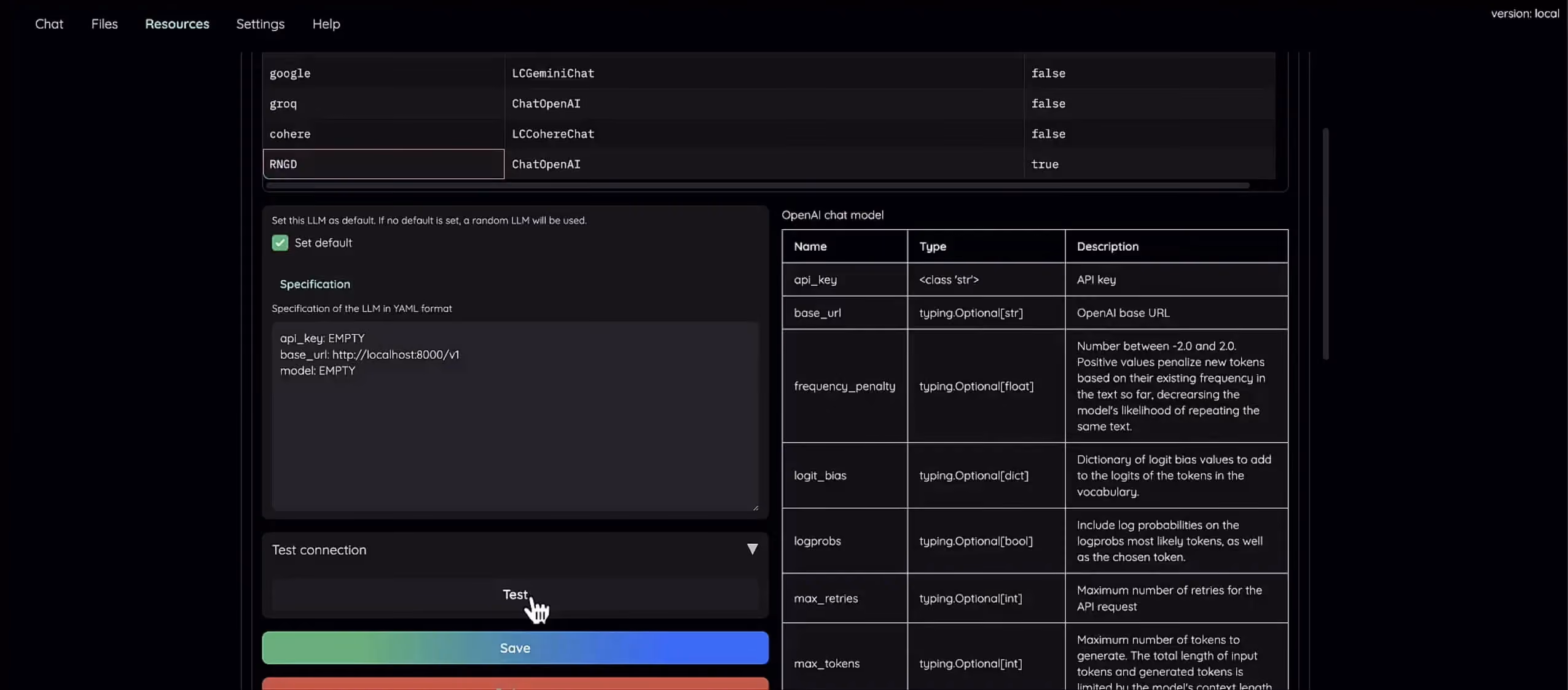 Dark-themed application interface showing an LLM configuration screen, with multiple providers listed (Google, Groq, Cohere, RNGD), a YAML specification panel, OpenAI chat model settings, and a highlighted “Test” button above Save controls.