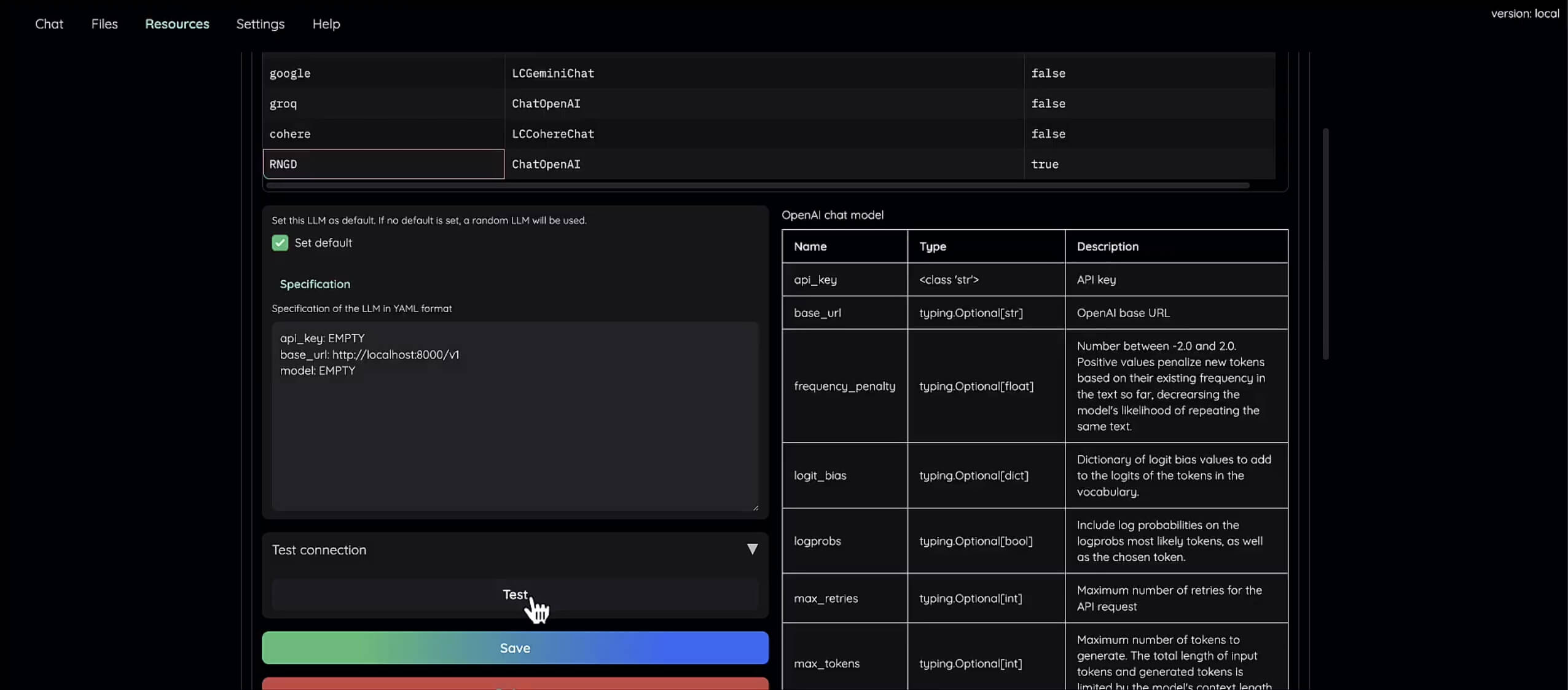 Dark-themed application interface showing an LLM configuration screen, with multiple providers listed (Google, Groq, Cohere, RNGD), a YAML specification panel, OpenAI chat model settings, and a highlighted “Test” button above Save controls.