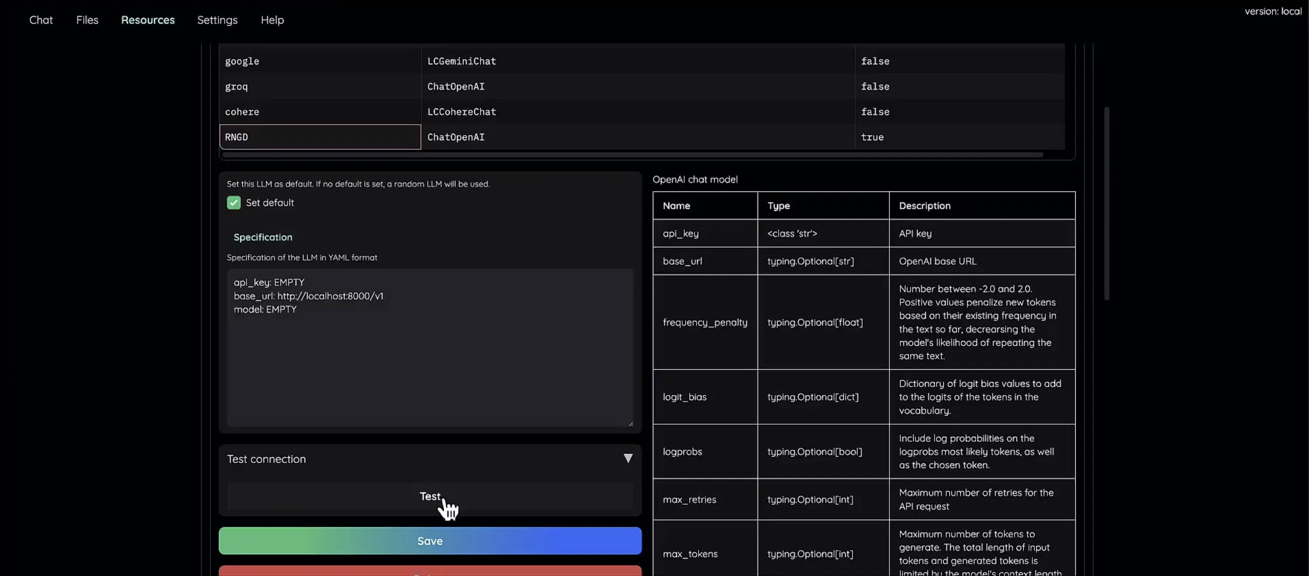 Dark-themed application interface showing an LLM configuration screen, with multiple providers listed (Google, Groq, Cohere, RNGD), a YAML specification panel, OpenAI chat model settings, and a highlighted “Test” button above Save controls.