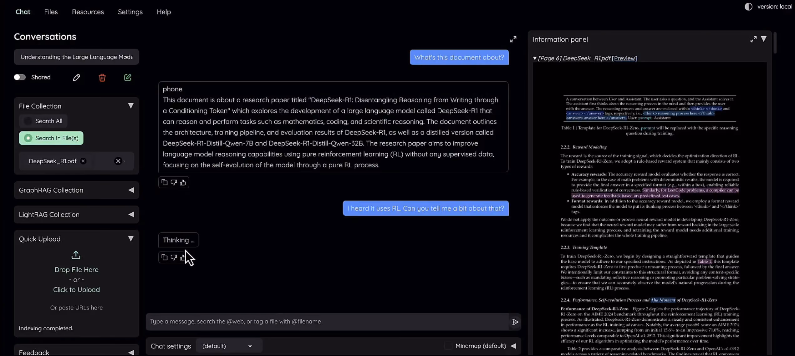 Screenshot of a dark-mode RAG chat interface showing a conversation analyzing the DeepSeek-R1 research paper, with file search on the left and a PDF preview panel on the right.