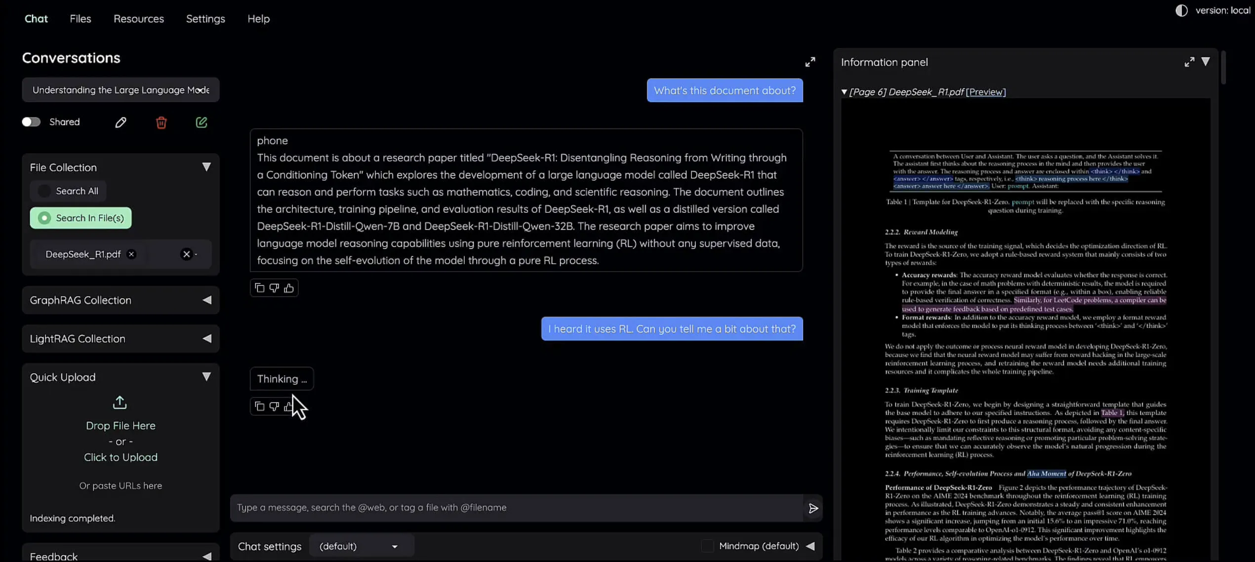 Screenshot of a dark-mode RAG chat interface showing a conversation analyzing the DeepSeek-R1 research paper, with file search on the left and a PDF preview panel on the right.